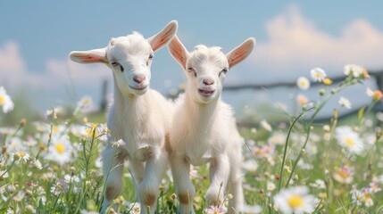 Two funny baby goats playing in the field with flowers Farm animal concept.
