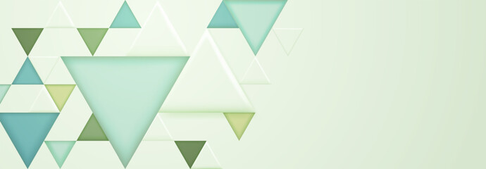 Abstract background with large and small colored triangular shapes on light green
