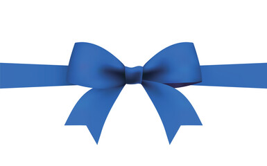 Blue satin ribbon and bow isolated on white background. Holiday decoration. Simple frame. Vector illustration.
