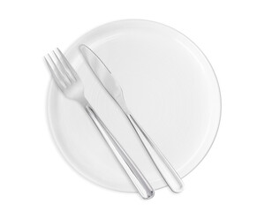 Clean plate, fork and knife on white background, top view