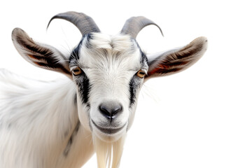 A close-up portrait of a majestic goat with distinct black and white fur, large brown eyes, and dark-colored horns against a white background.