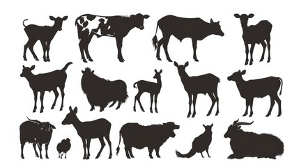 Farm animals silhouettes isolated on white background.