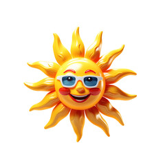 Ícone 3d verão - Sol amarelo sorridente de plástico usando óculos de sol isolado em fundo transparente.