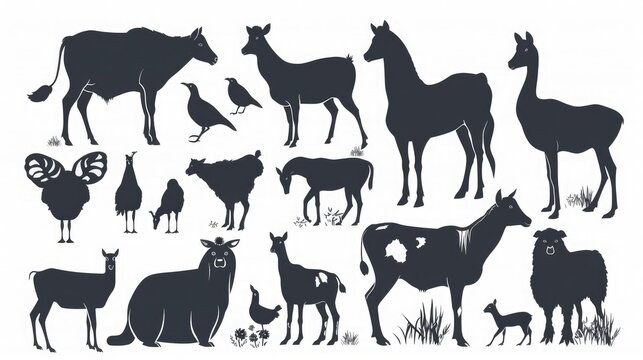 Farm animals silhouettes isolated on white background.