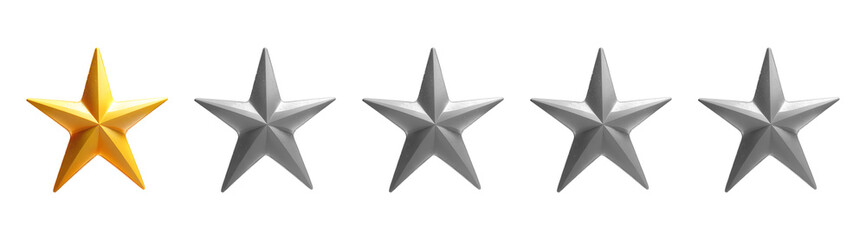 Avaliação 1 Estrela. Uma estrela amarela e quatro acinzentada em formato 3d isoladas em fundo transparente. - obrazy, fototapety, plakaty