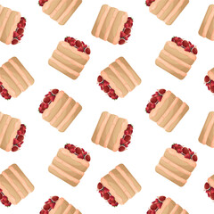 Transparent seamless pattern with Vanilla biscuit cake with fruits and cream. Baking, bakery shop, cooking, sweet products, dessert, pastry concept. Perfect for product design, scrapbooking, textile
