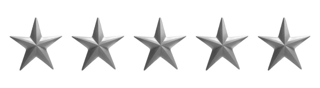 Avaliação 0 Estrelas. Cinco estrelas acinzentada em formato 3d isoladas em fundo transparente.