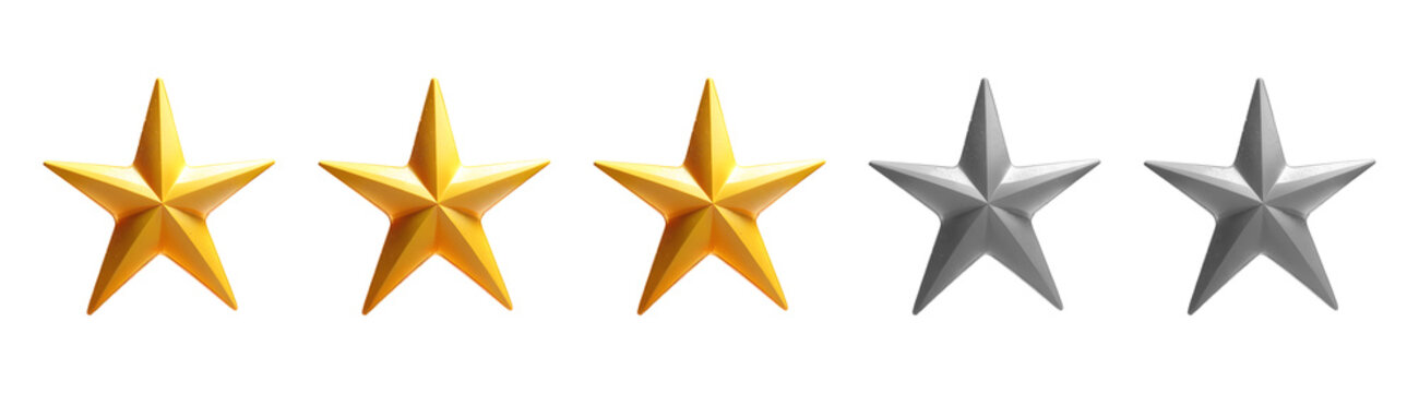 Avalia&ccedil;&atilde;o 3 Estrelas. Tr&ecirc;s estrelas amarelas e duas acinzentada em formato 3d isoladas em fundo transparente.
