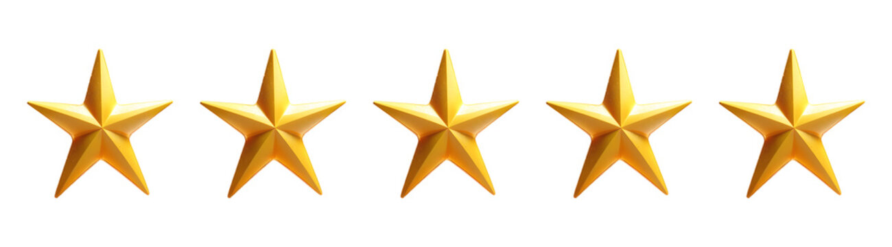 Avalia&ccedil;&atilde;o 5 Estrelas. Cinco estrelas amarelas em formato 3d isoladas em fundo transparente.