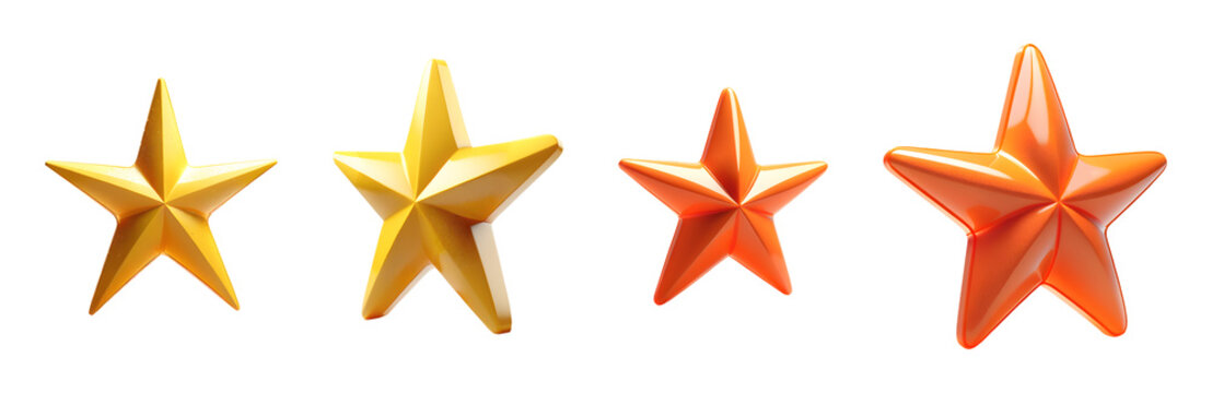 Conjunto de estrelas de pl&aacute;stico. Grupo de estrelas amarelas e laranja de pl&aacute;stico 3d. 