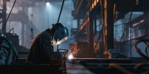 a worker is weldng metal in industry, generative AI - obrazy, fototapety, plakaty