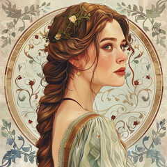 Illustration of a beautiful young woman, Art Nouveau style - Generative AI