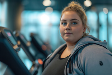 Fototapeta premium A young fat woman is exercising in the gym