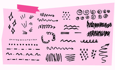 Hand drawn scribbles in trendy y2k style. Abstract doodle elemnts. Imitate pen, pencil, marker strokes. Different textures and shapes. Arrows, lines, curves, dots, spirals.