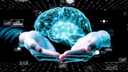 Conceptual visualization of artificial intelligence with interactive charts and holograms in a high-tech environment. Innovative technology concept.