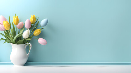3D Easter Day Graphic Displaying Flowers in a Unique Composition, Surrounded by a Sweet Blue Pastel Background. Perfect for Social Media Posts, Cards, Invitations, Banners, and Posters.
