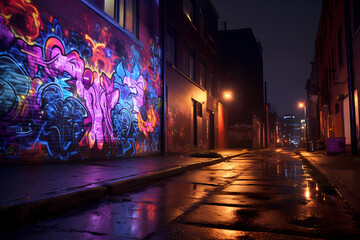 Urban Nightscape: City Street with Neon Lights in Metropolis