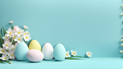 3D Easter Day Illustration Showcasing Flowers and Eggs in a Unique Composition, Surrounded by a Sweet Blue Pastel Background. Perfect for Social Media Posts, Cards, Invitations, Banners, and Posters. - obrazy, fototapety, plakaty