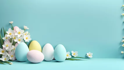 Fotobehang 3D Easter Day Illustration Showcasing Flowers and Eggs in a Unique Composition, Surrounded by a Sweet Blue Pastel Background. Perfect for Social Media Posts, Cards, Invitations, Banners, and Posters. © Jati