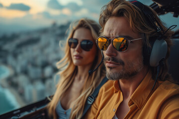 Couple in the cockpit of a helicopter at sunset