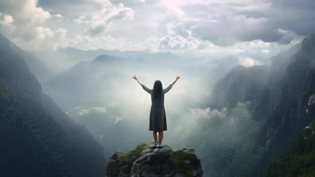 Woman on top of mountain with beautiful sky landscape. 