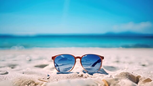 Sunglasses on sand at summer beach with sunshine holiday vacation background.