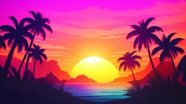 Vibrant retro vintage style of sunset sky  beach with sun and palm trees background banner.