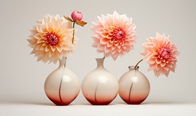 Three vases with dahlia flowers on a white background.