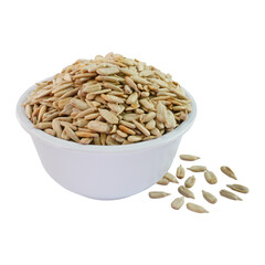 Peeled sunflower seeds in a white bowl isolated transparent