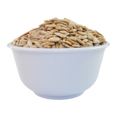 Peeled sunflower seeds in a white bowl isolated transparent