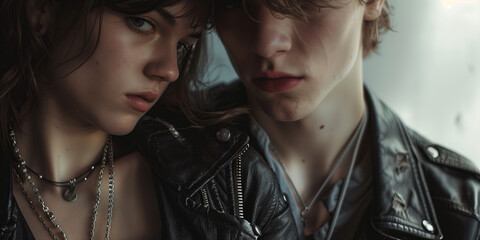 Introspective Young Couple in Leather with a Wistful Gaze