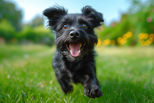 Energetic Black Dog Running in Grass