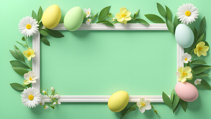 3D Easter Day Floral Frame Illustration Showcasing Flowers, Leaves, and Eggs Arranged in an Exceptional Composition. Against a Minimalist Green Pastel Background