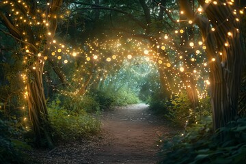 Enchanted forest pathway lit by fairy lights Leading into a mystical landscape Inviting imagination and the exploration of nature's magic.