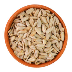 Peeled sunflower seeds in a wooden bowl isolated transparent