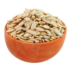 Peeled sunflower seeds in a wooden bowl isolated transparent