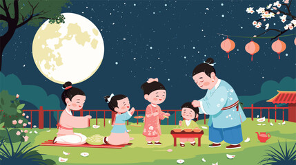 vector illustration chinese family celebration of full moon