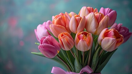 Bouquet of diffferent tulips. Gift with light ribbon bow.