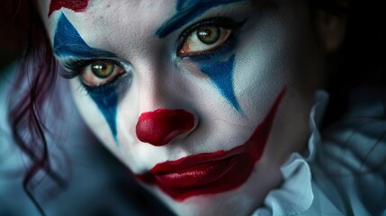 Face of a female comic artist with a unique and expressive style delves into the world of imagination. Woman made up in fantasy style with vibrant colors.