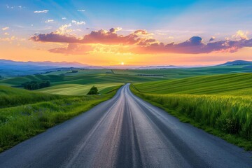 Idyllic summer landscape offering a sweeping view of a lush green field under a sunset sky The empty road inviting exploration and adventure - obrazy, fototapety, plakaty