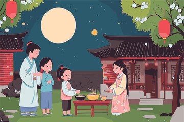 vector illustration family gathering dinner with full moon
