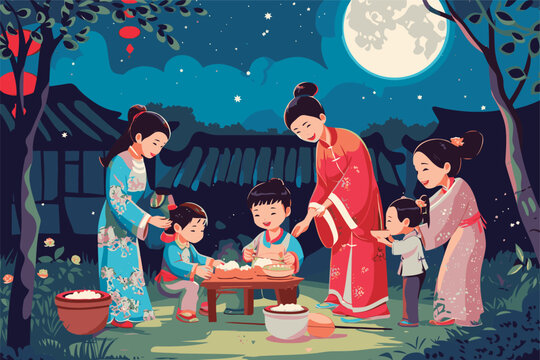vector illustration of chinese family celebration full moon