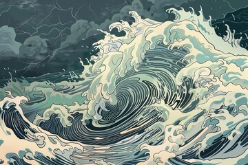 Ocean wave captured in traditional japanese woodblock print style Showcasing the power and beauty of the sea with intricate detail and dynamic movement