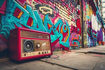Vintage portable stereo Colorful graffiti background Retro music concept Vibrant street culture atmosphere - obrazy, fototapety, plakaty
