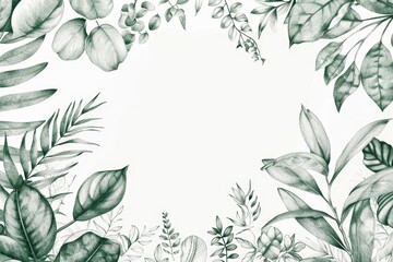 Hand-drawn illustration of a lush green botanical pattern Featuring detailed pencil sketches of leaves and plants Capturing the essence of natures beauty in a simple and elegant design. - obrazy, fototapety, plakaty