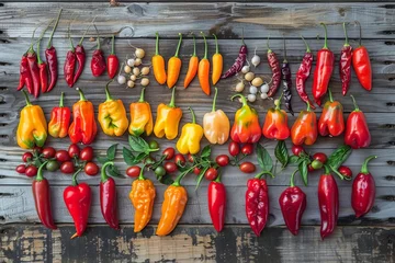 Deurstickers Vibrant assortment of chili peppers Including varieties from mild to fiery Artistically arranged on a rustic wooden background. © Jelena