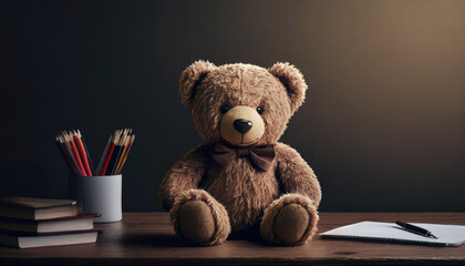 On desk, stuffed bear, cute, book, pencil, close-up - obrazy, fototapety, plakaty