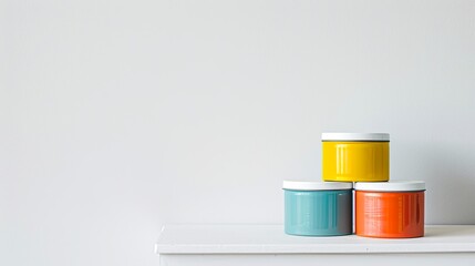 Several wall paint can containers rest on a white surface, displaying a range of vibrant colors and soft nuances. Paint can containers of rich colors.