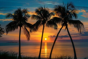Palm trees silhouette against a dramatic sunset Tropical serenity Peaceful evening landscape