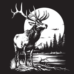  Wilderness: Elk Silhouette Against a Moonlit - Vector Illustration Art